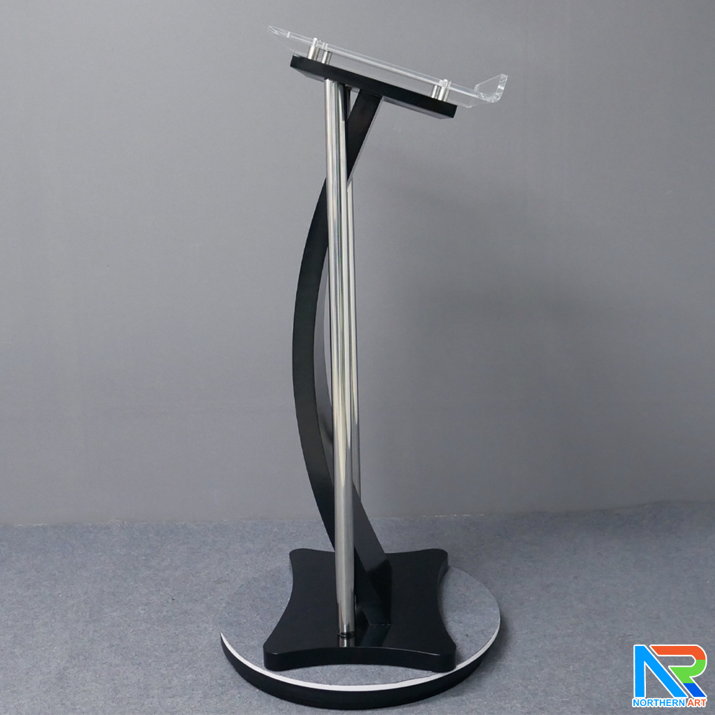 โพเดียมไม้ สีดำ ขนาด (W) 50 x (L) 40 x (H) 120 cm. พร้อมเสาสแตนเลสคู่ TOP เอียง อะคริลิคใส ติดหมุด