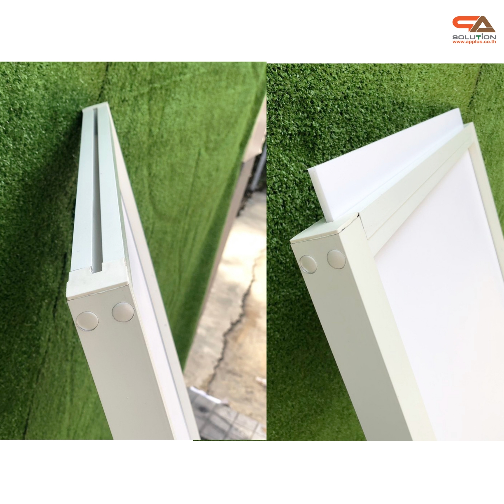 โปสเตอร์สแตนด์ อะลูมิเนียม สีขาว เสาคู่ ขนาด (W)60 x (L)44 x (H)153 cm. ฐานเหล็กสี่เหลี่ยม โชว์งานพิมพ์ 2 ด้าน ถอดประกอบได้