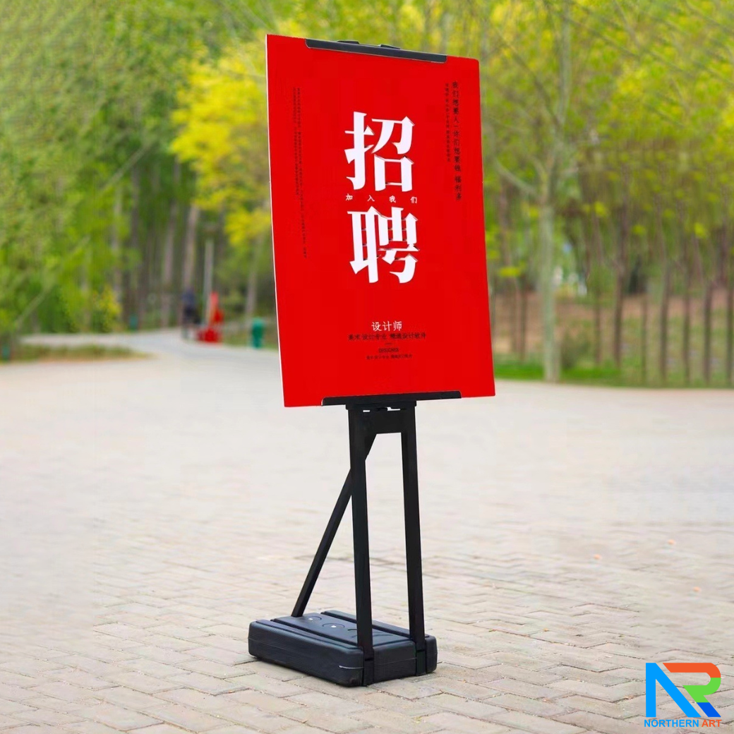 ขาตั้งโปสเตอร์เหล็ก ฐานน้ำ สีดำ โชว์งานพิมพ์ 1 หน้า ปรับขนาดได้ พร้อมฐานน้ำถ่วงน้ำหนัก มั่นคง ไม่ล้มง่าย