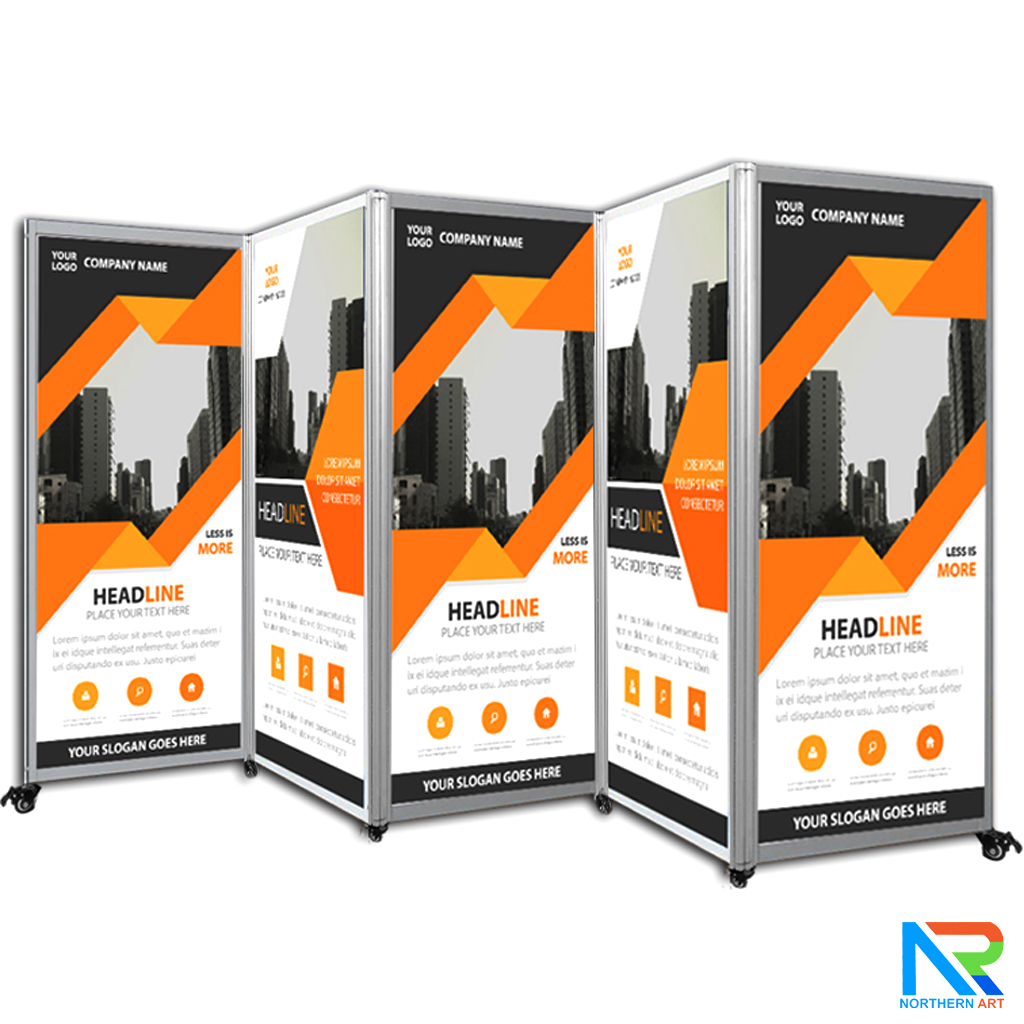 บอร์ดจัดนิทรรศการ อะลูมิเนียม ตั้งซิกแซก 5 บานพร้อมล้อ ขนาด (W)100 x (H)200 ซม. ถอดประกอบและพับเก็บได้