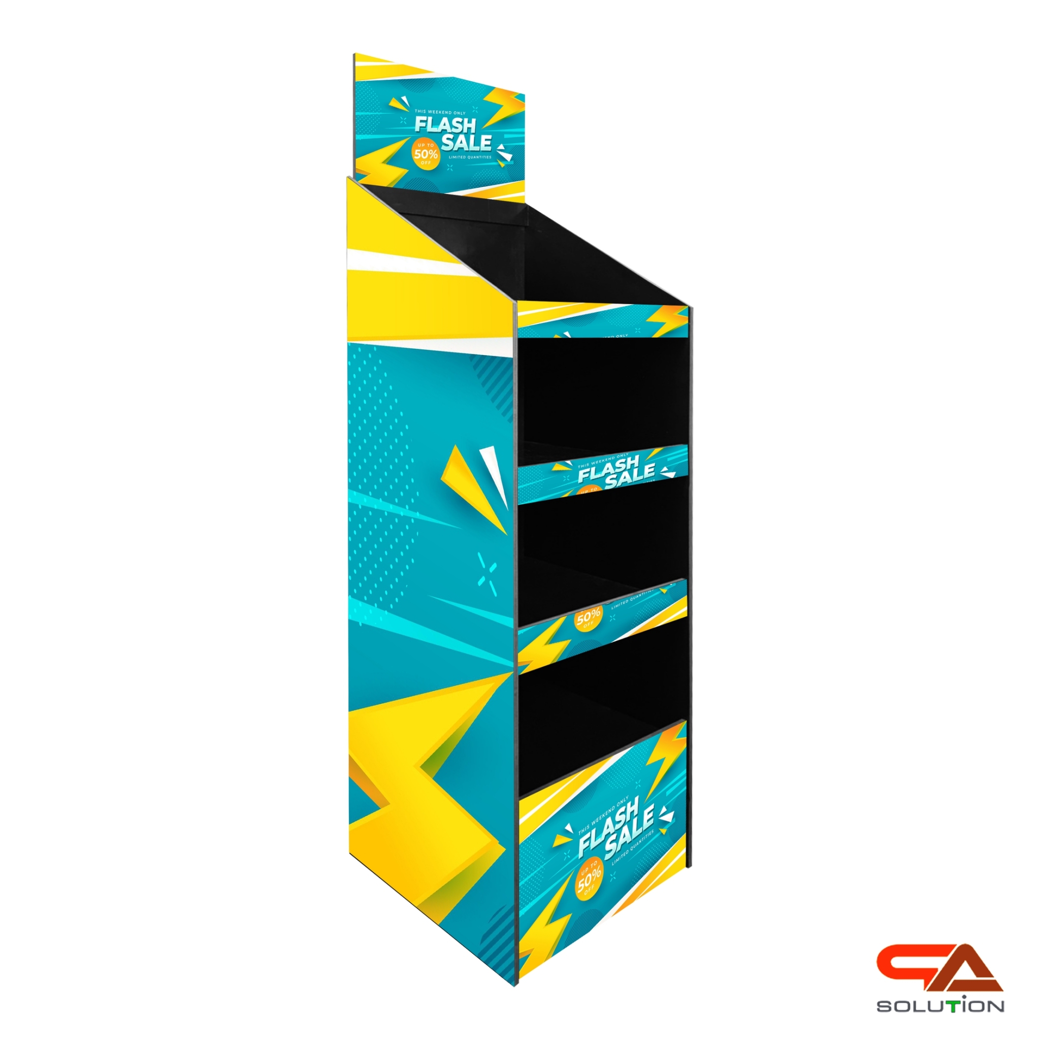 CLEARANCE SALE! ชั้นวางสินค้าพลาสวูด 4 ชั้น ขนาด (W)34 x (D)35.5 x (H)132 ซม. วัสดุพลาสวูดสีดำหนา 8 มม พร้อมงานพิมพ์สติ๊กเกอร์