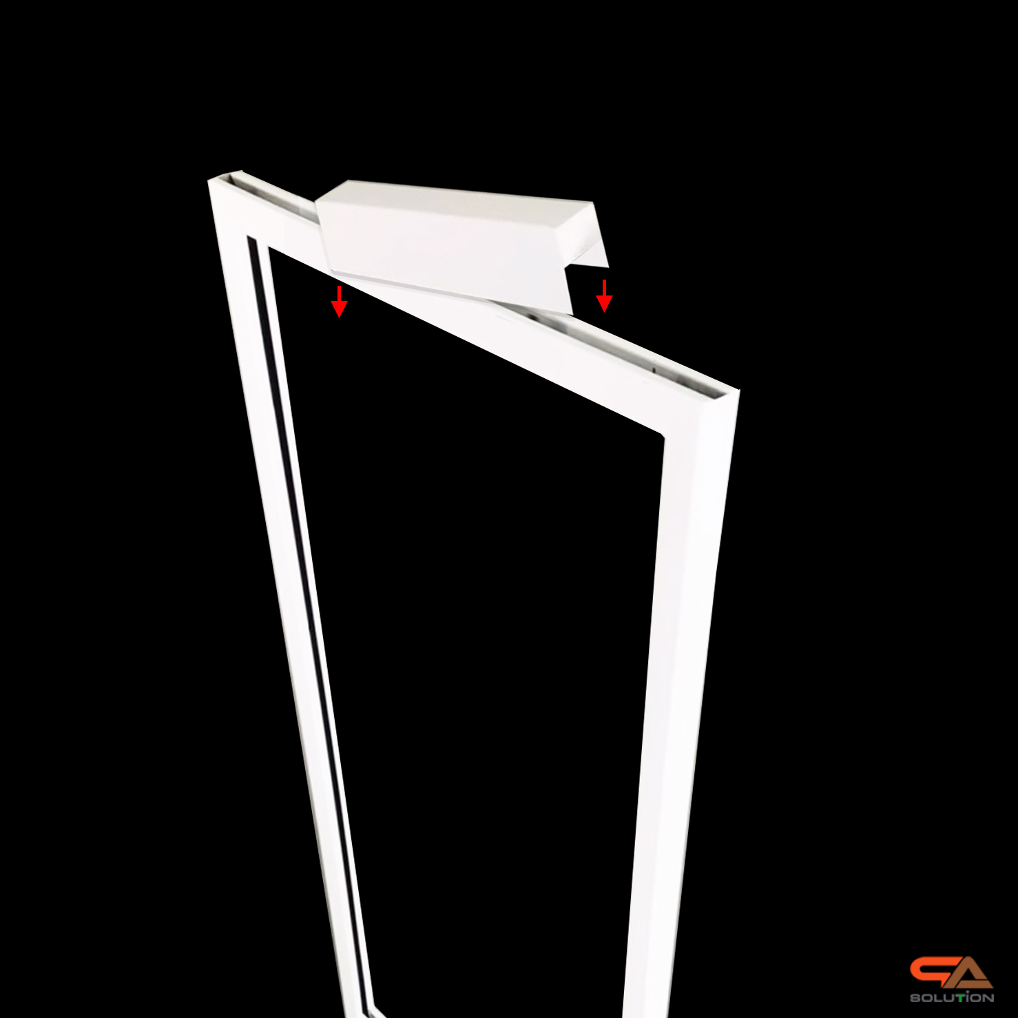 ป้ายตั้งพื้นฐานเหล็กสีขาว ขนาด (W)44 x (H)135 cm. สอดงานพิมพ์ด้านบน โชว์งานพิมพ์ 2 ด้าน ติดโลโก้ด้านบนเฟรม ถอดประกอบได้