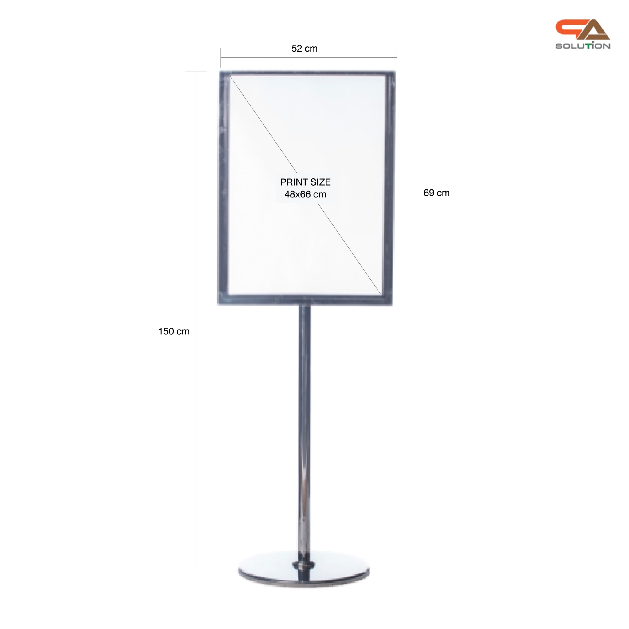 โปสเตอร์สแตนด์ สแตนเลส ขนาด 52x69x150 cm.ฐานกลม พร้อมอะคริลิค 2 แผ่น ประกบ สอดงานพิมพ์ด้านบน