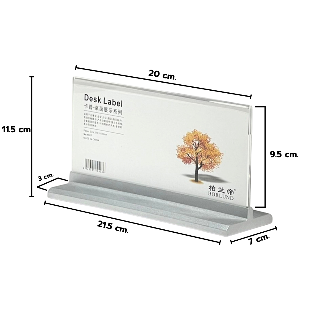 ป้ายชื่อตั้งโต๊ะ สีเงิน ขนาด (W)21 x (D)7 x(H)11.5 โชว์งานพิมพ์ได้ 2 หน้า ถอดประกอบได้
