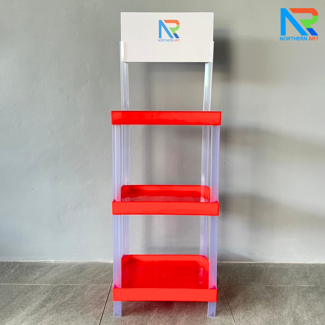 ชั้นวางสินค้าพลาสติก 3 ชั้น สีแดง ขนาด (W) 53 x (L) 35 x (H) 140 cm. น้ำหนักเบา ถอดประกอบได้