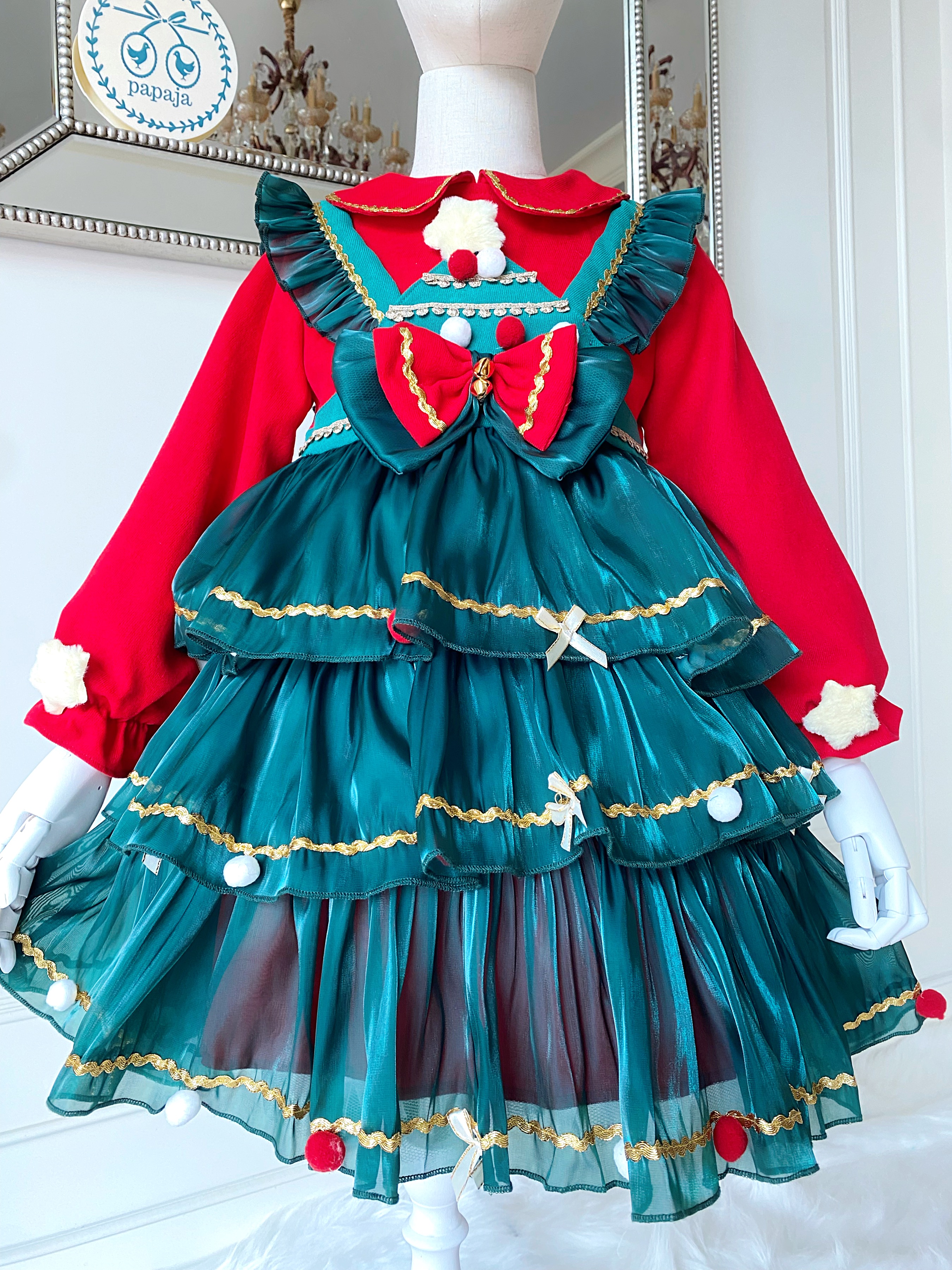 (เซต 2 ชิ้น) เดรสวันพีชคริสต์มาสงานพรีเมี่ยม ธีมต้น X'mas สีเขียวแดง (ชุด+ที่คาดผม) ที่คาดผมสวยอลังมีไฟ งานดีมากๆ Christmas