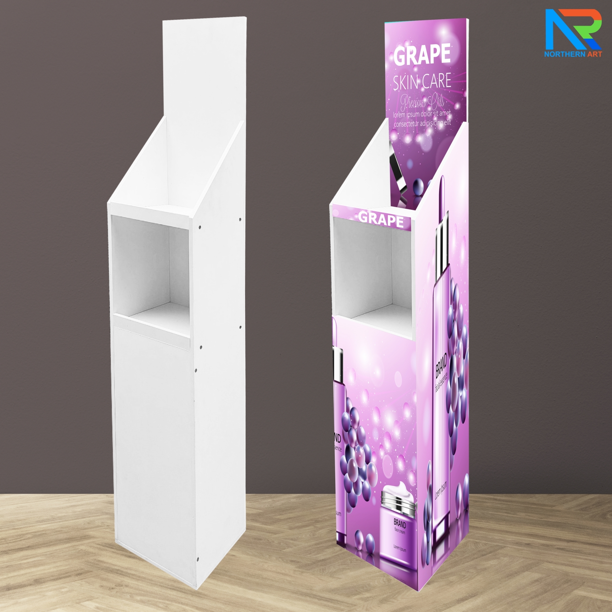 ชั้นวางสินค้าพลาสวูด 2 ชั้น ขนาด (W)24 x (D)24 x (H)130 ซม. พร้อมงานพิมพ์ พลาสวูดหนา 8 มม.