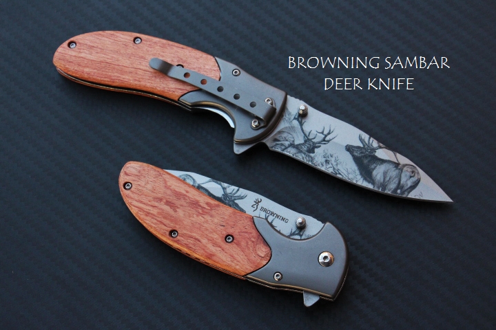 มีดพับด้ามไม้ลายเขากวาง BROWNING SAMBAR DEER KNIFE.