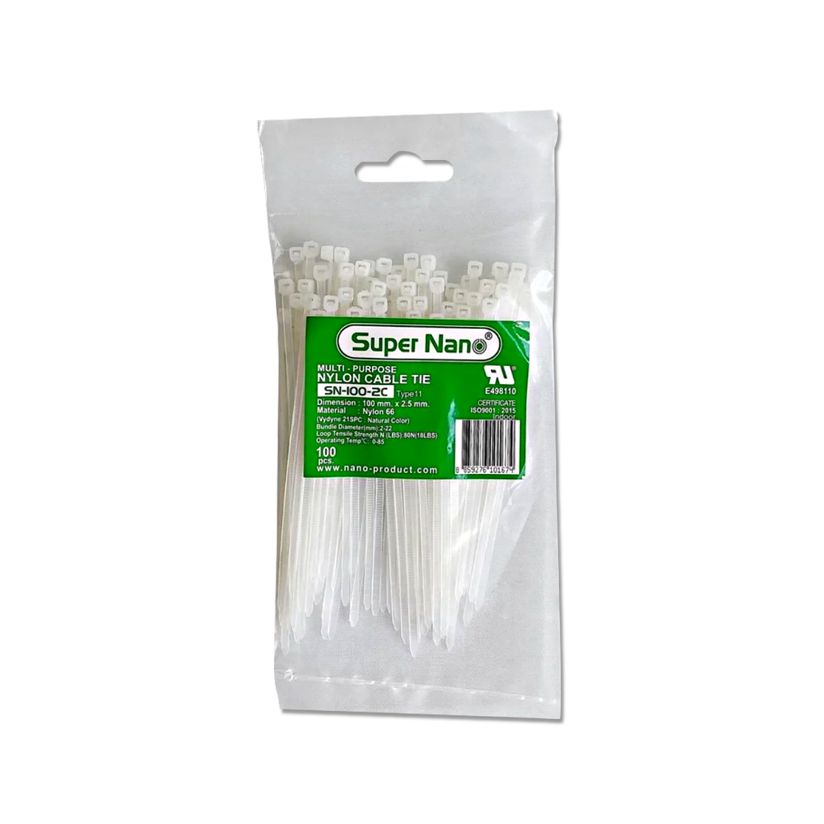 เคเบิ้ลไทร์ NANO ขาว SN-100-2C (100 ชิ้น/ถุง, 10,000 ชิ้น/กล่อง)