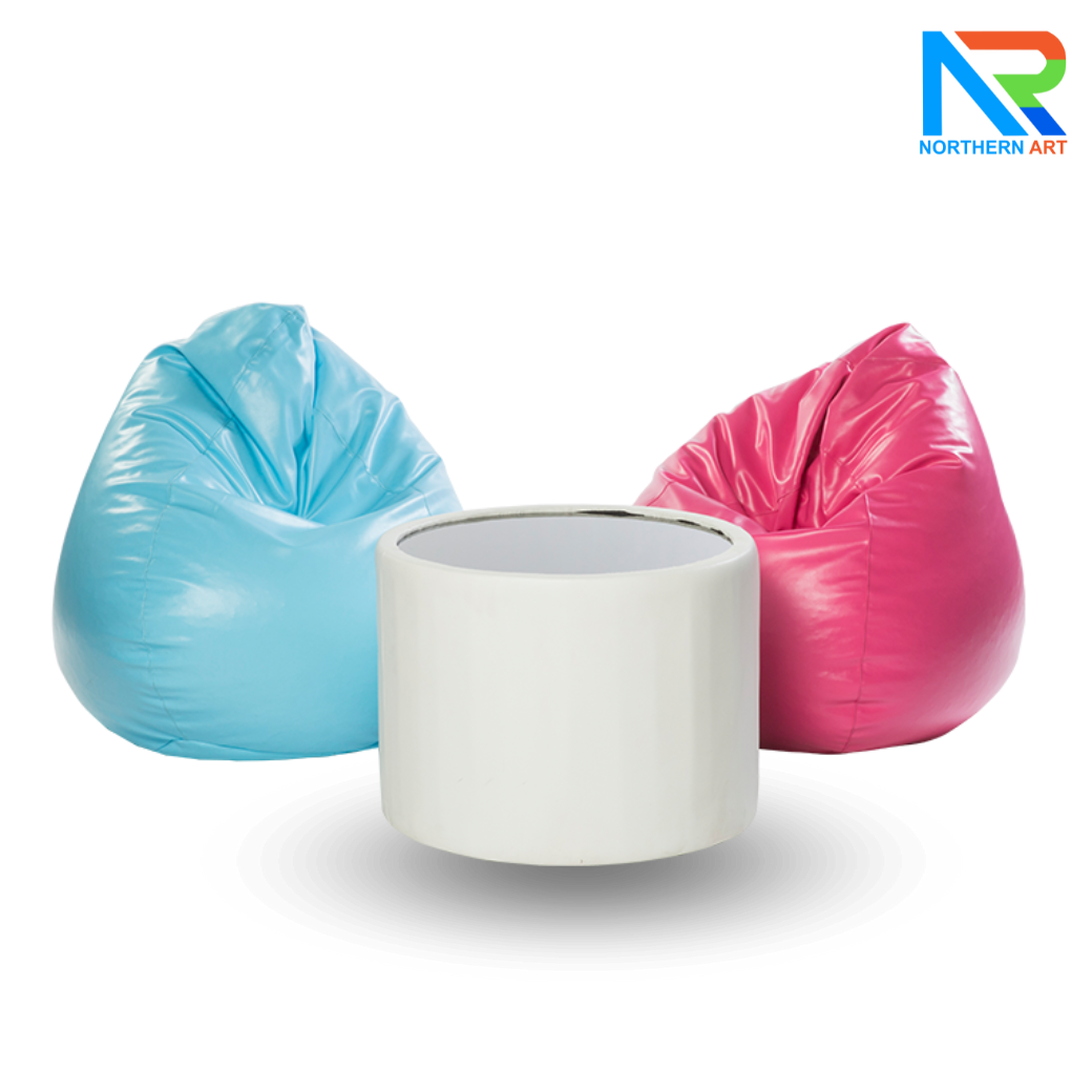 เช่าชุดโต๊ะกลางกลม หุ้มหนัง Top กระจก พร้อมเก้าอี้ Beanbag ทรงหยดน้ำ 2 ตัว