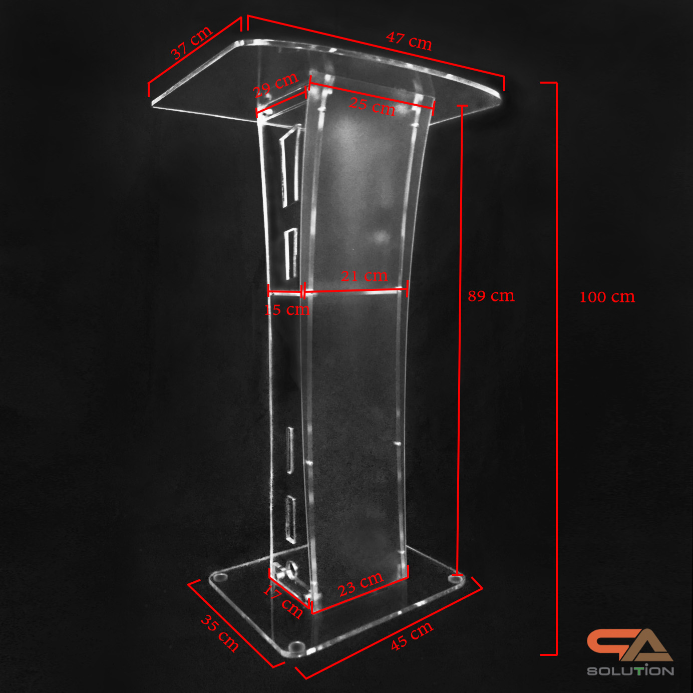 โพเดียมอะคริลิคใส รุ่น AC-11 ด้านหน้าอะคริลิคฝ้า TOP ตรง ขนาด (W)47 x (L)37 x (H)100 cm.