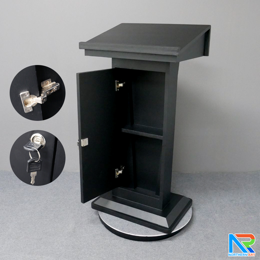 โพเดียมไม้ สีดำ ทรงโมเดิร์น TOP เอียง ขนาด (W)58 x (L)46 cm. สูง 114 cm. พร้อมตู้ใส่ของ มีกุญแจล็อค