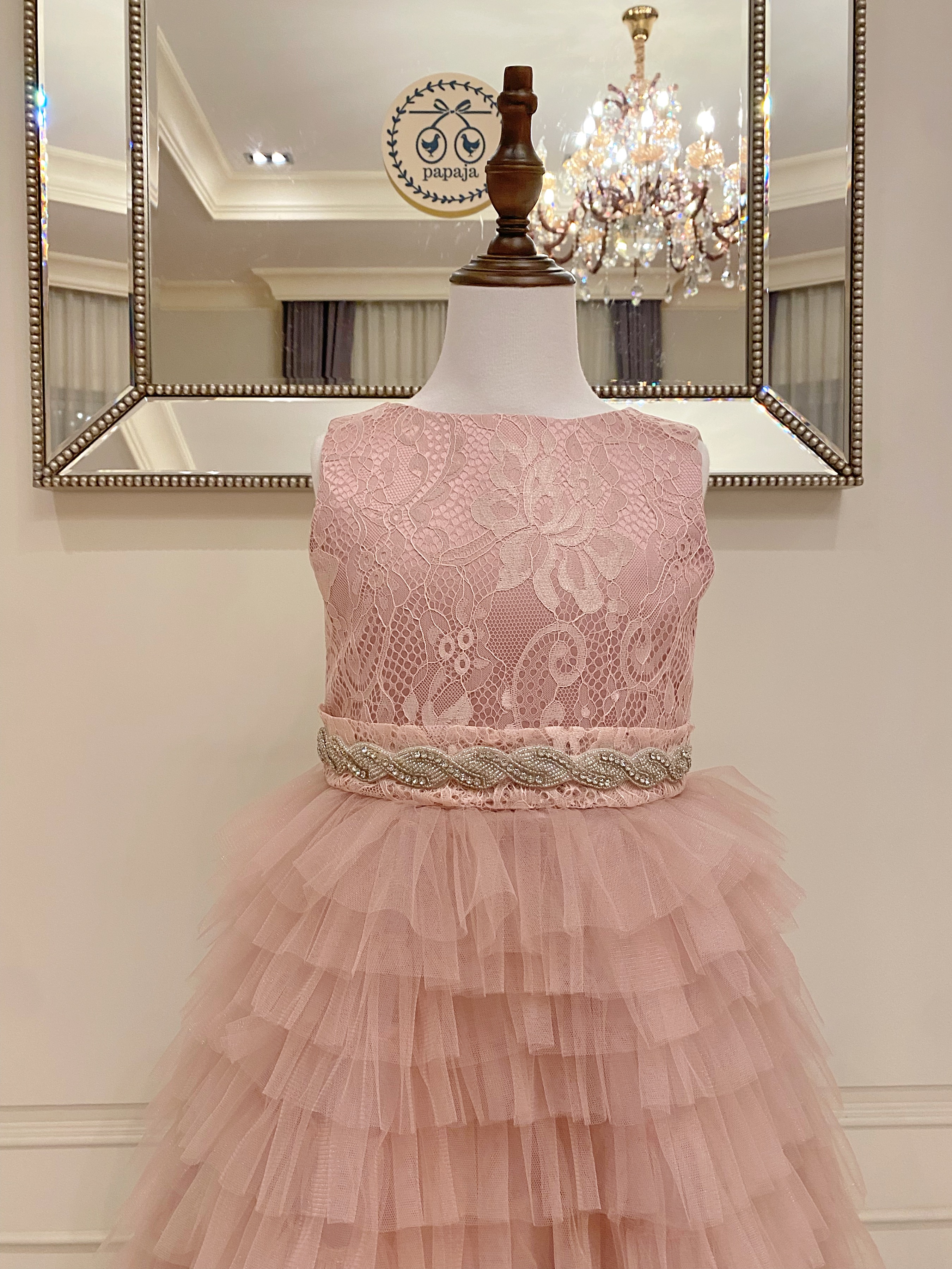 เดรสออกงานราตรียาวแขนกุด สีชมพูตุ่น (งานไฮพรีเมี่ยม) กระโปรงทรงขนมชั้น ด้านบนใช้ผ้าลูกไม้สวยมาก