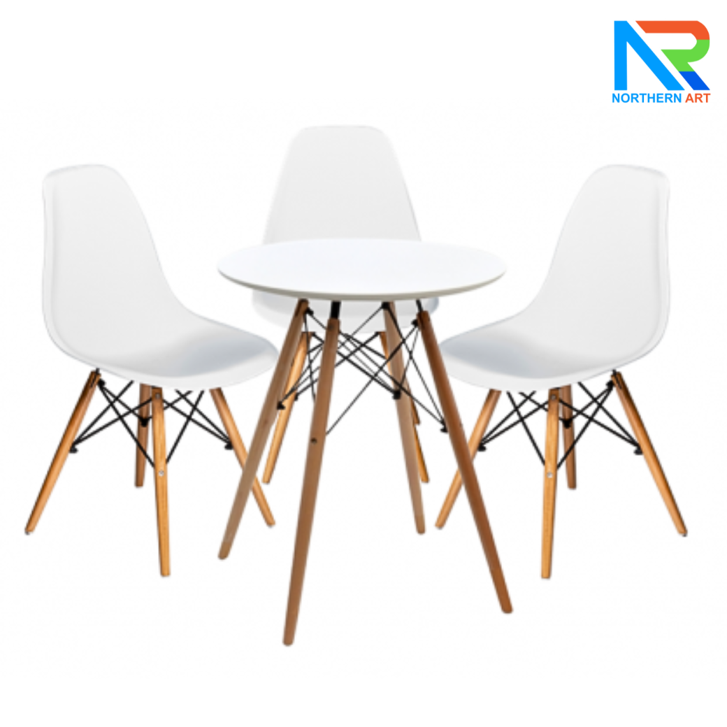 เช่าชุดโต๊ะขาไม้ โต๊ะกลม พร้อมเก้าอี้พลาสติกขาไม้ สีขาว 3 ตัว