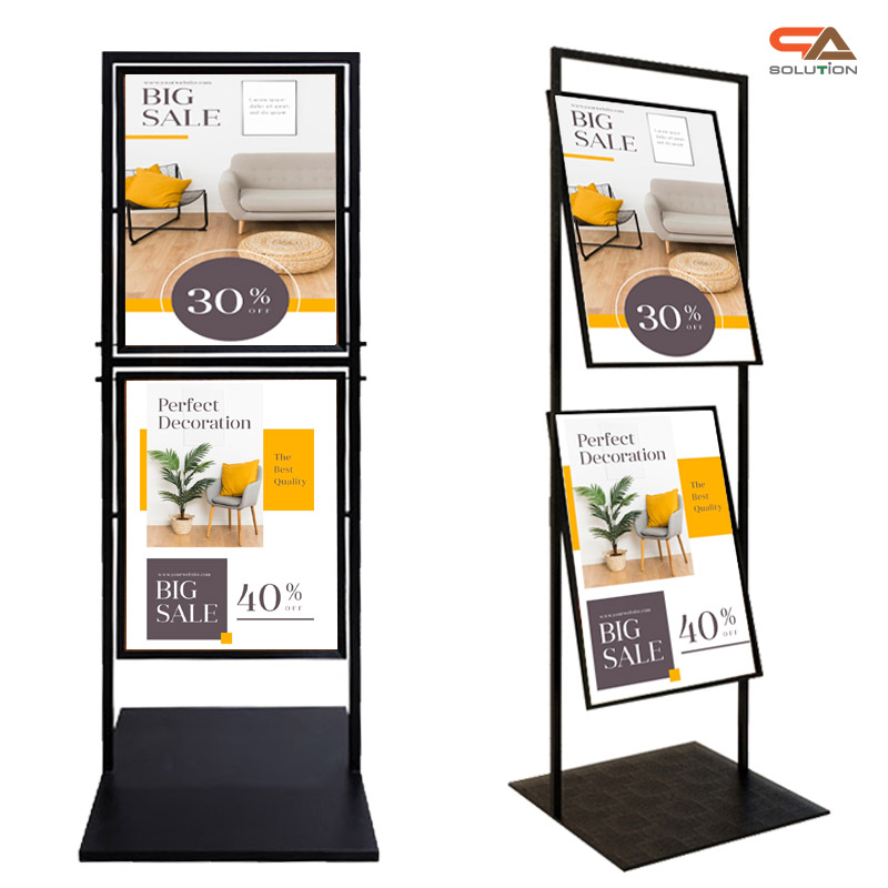 ป้ายตั้งพื้นเหล็ก สีดำ รุ่น 2 เฟรม หมุนได้ 360 องศา ขนาด 50×70 ซม. พร้อมอะคริลิคใสหนา 2 มม. 2 แผ่น สอดงานพิมพ์ทางด้านบน โชว์ภาพ 2 ด้าน