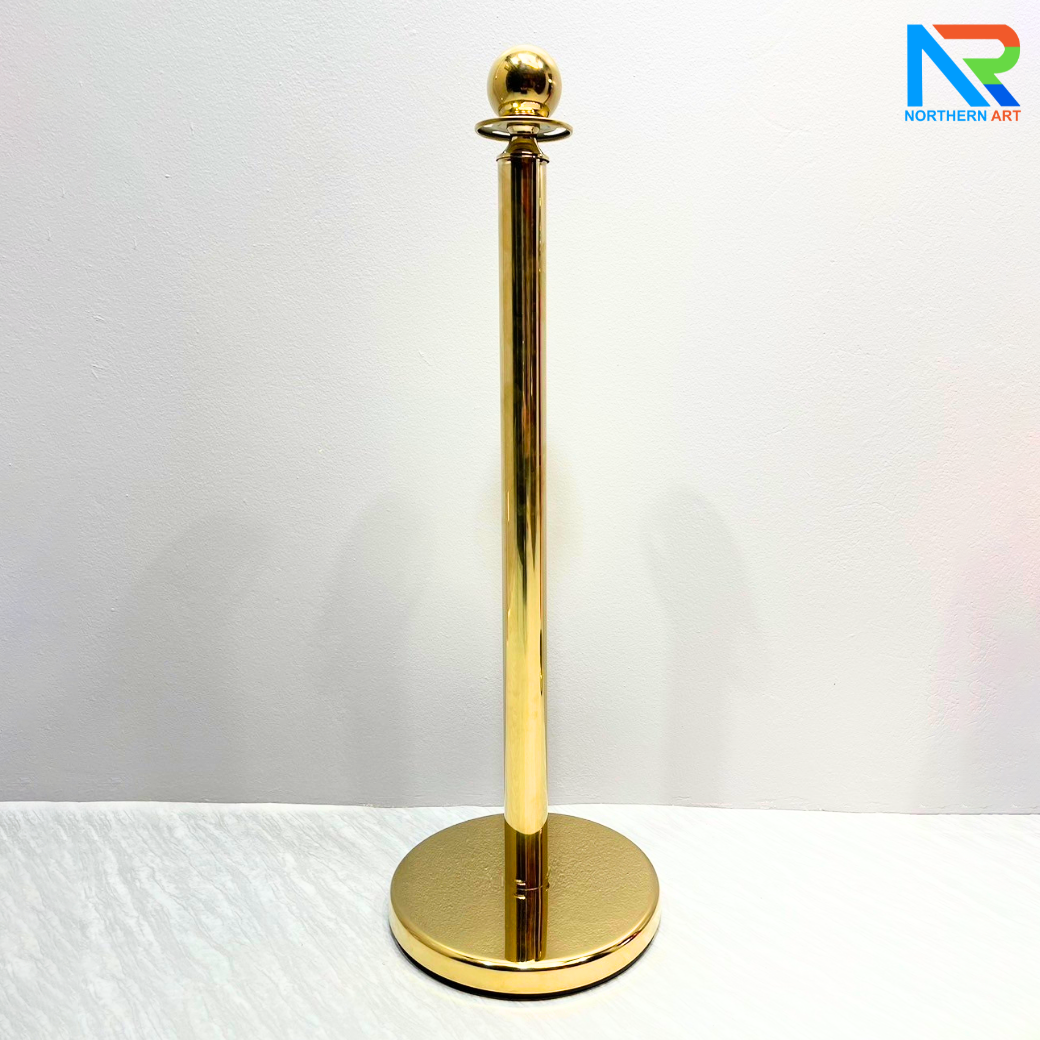 เสากั้นบริเขต สแตนเลสหัวกลมสีทอง พร้อมเชือกกำมะหยี่ สีแดง