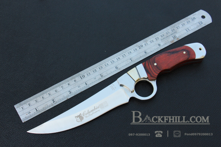 มีดใบตาย COLUMBIA รุ่น A10 ด้ามไม้ครอบสแตนเลสปัดเงามีช่องควงมีด