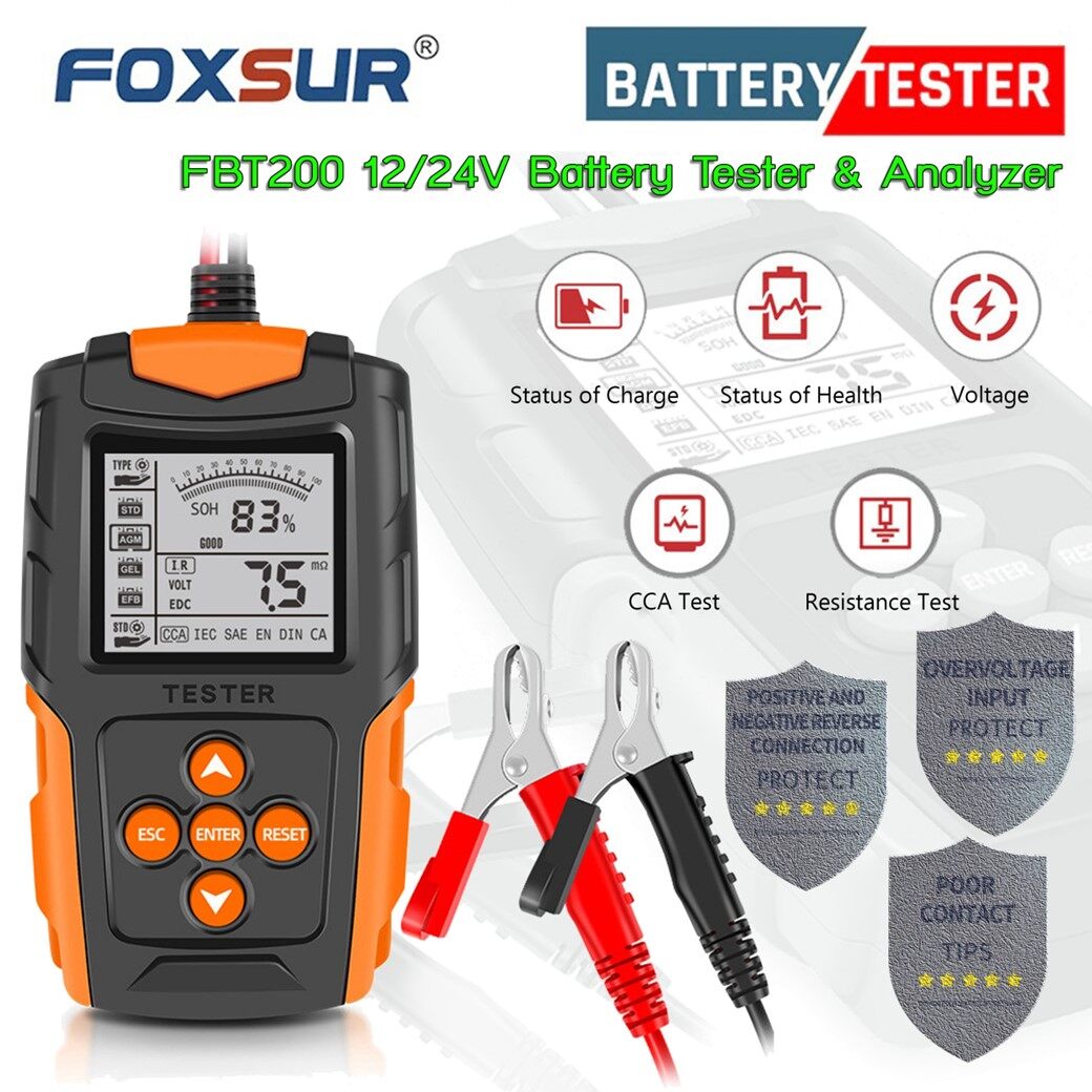 FOXSUR 12V/24V รุ่น200 เครื่องมือทดสอบประสิทธภาพแบตตารี่ STD(ตะกั่ว-กรด)/GEL(deep cycle)/AGM/EFB มีระบบป้องกันโอเวอร์โวลท์ วัดสลับขั้ว ไม่ต้องใส่ถ่าน