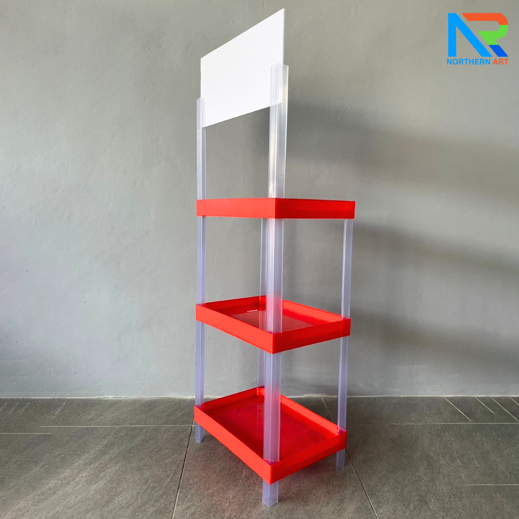 ชั้นวางสินค้าพลาสติก 3 ชั้น สีแดง ขนาด (W) 53 x (L) 35 x (H) 140 cm. น้ำหนักเบา ถอดประกอบได้