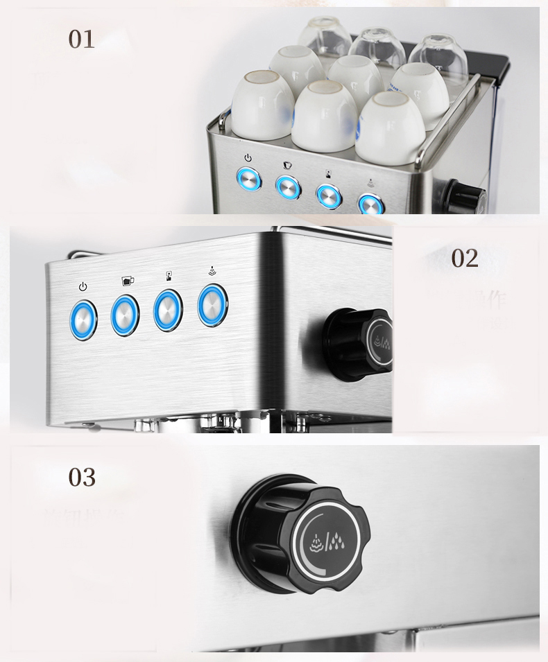 Coffee machine home Italian full semi-automatic small pump pressure steam milk foam 1450W.