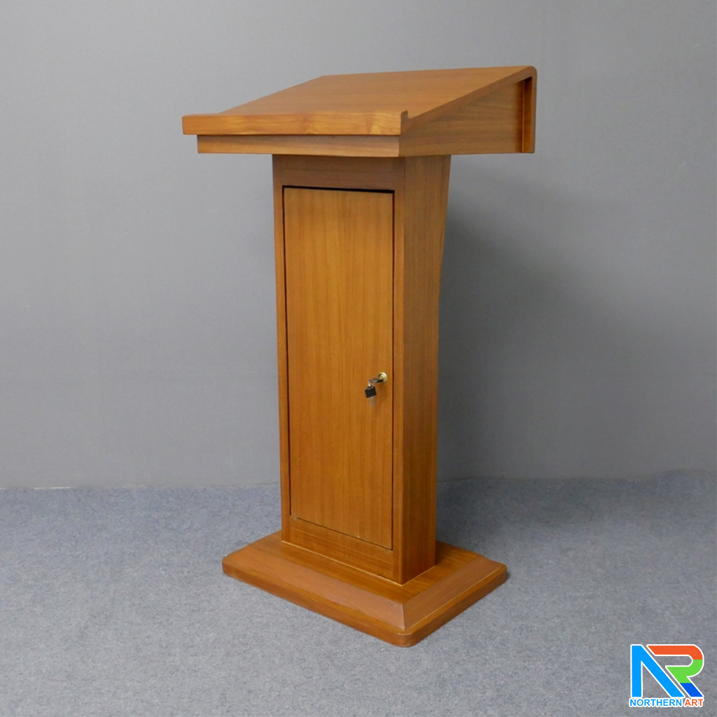 โพเดียมไม้ สีสัก ทรงโมเดิร์น TOP เอียง ขนาด (W)58 x (L)46 cm. สูง 114 cm. พร้อมตู้ใส่ของ มีกุญแจล็อค