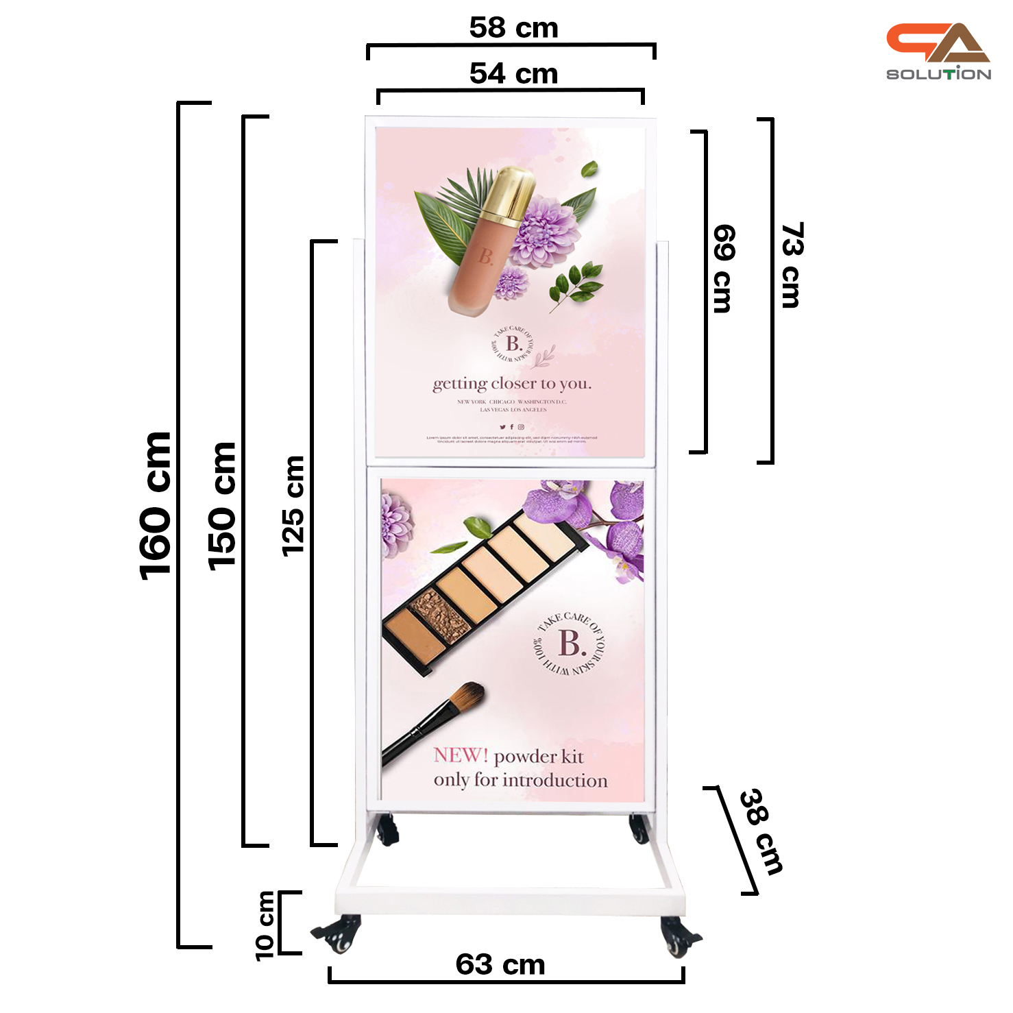 ป้ายตั้งพื้นเหล็ก กรอบคู่ สีขาว มีล้อ (W) 58 × (L) 73 x (H) 160 cm. สอดงานด้านบน โชว์ภาพ2ด้าน ถอดประกอบได้