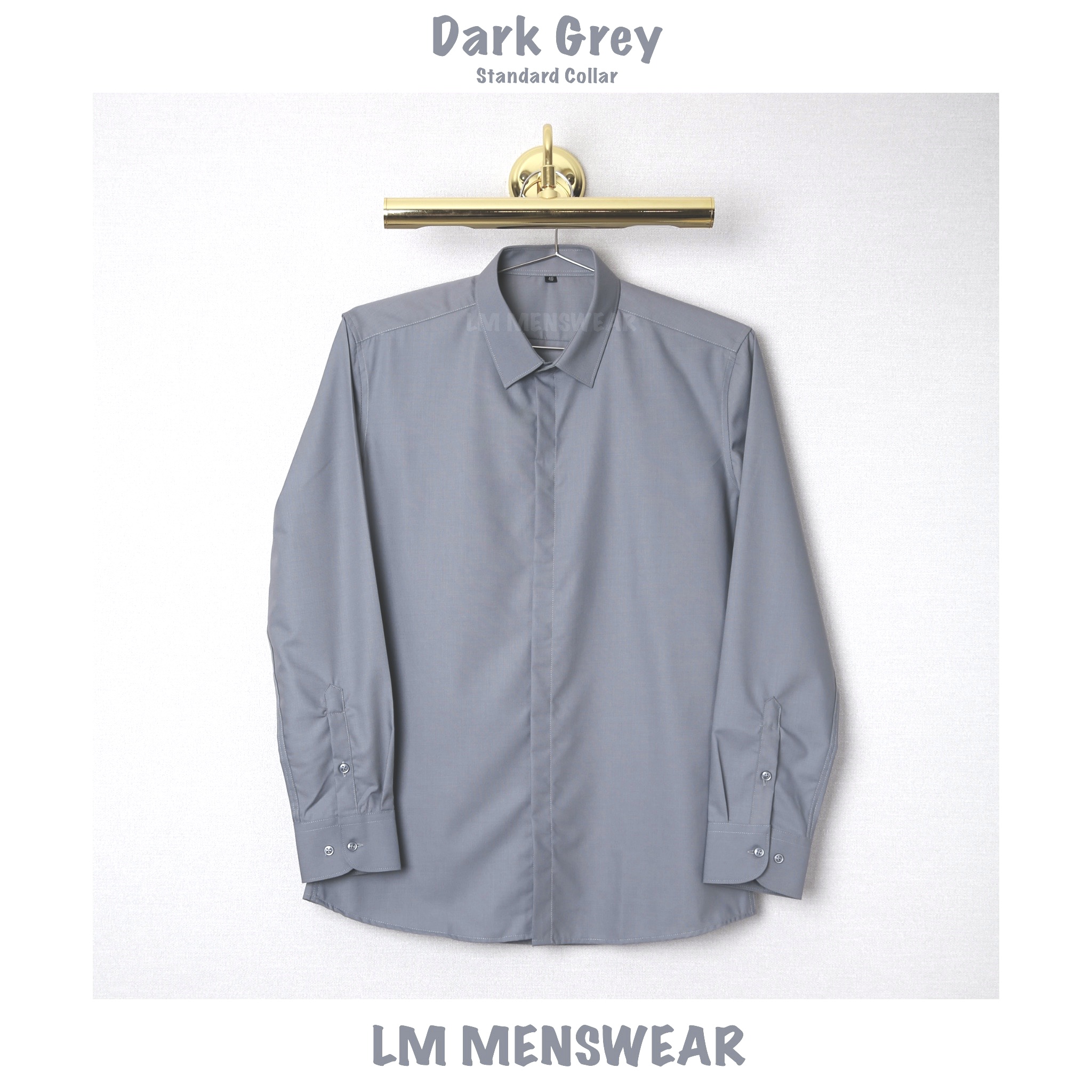 เสื้อเชิ้ตคอปกธรรมดา ซ่อนกระดุม สีเทาเข้ม (Dark Grey Shirt - Standard Collar - Hidden Button)