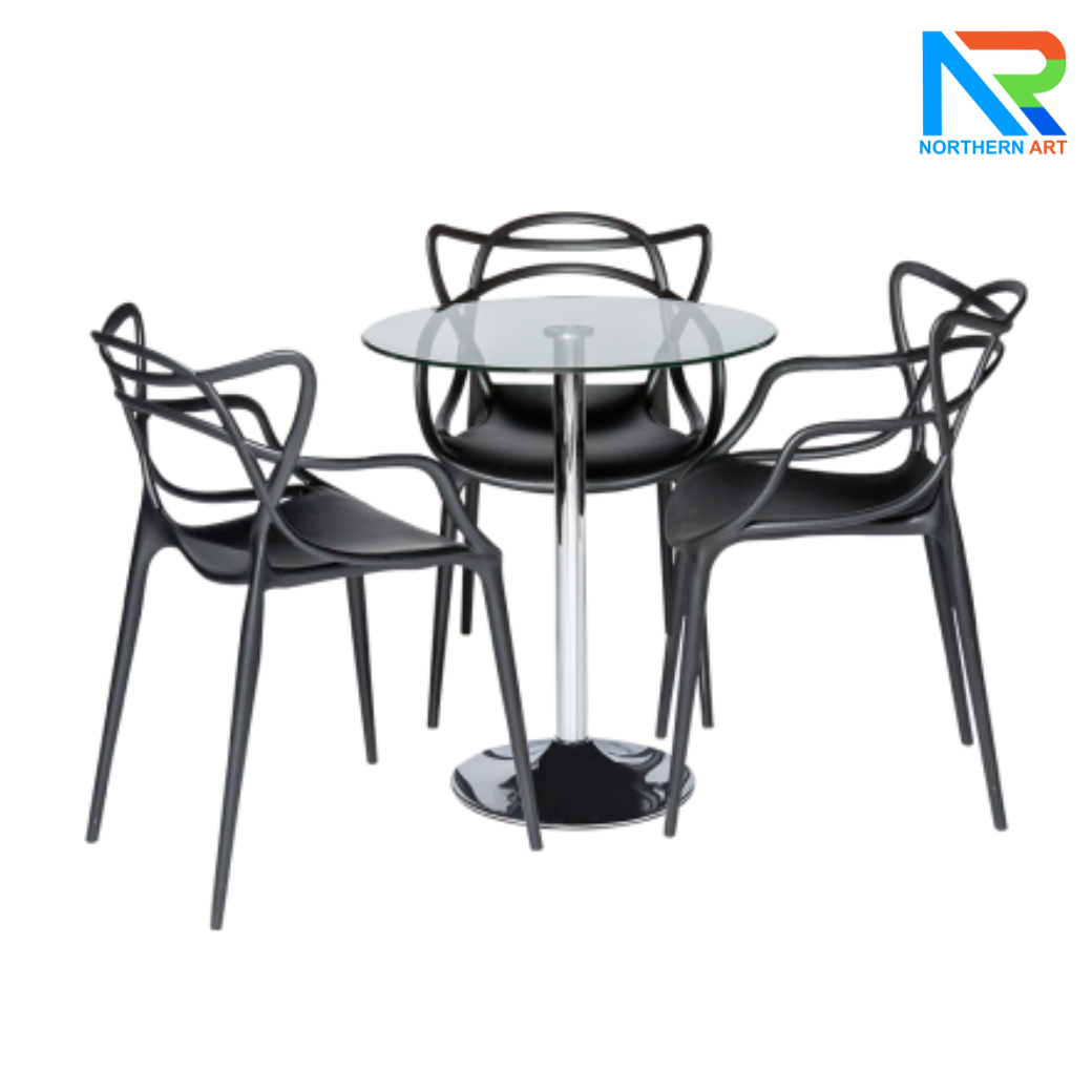 เช่าชุดโต๊ะบาร์ Top กระจกกลม เสาเดี่ยว ขาเหล็กชุบโครเมี่ยม พร้อมเก้าอี้ 3 ตัว (เก้าอี้มีหลายแบบให้เลือก)