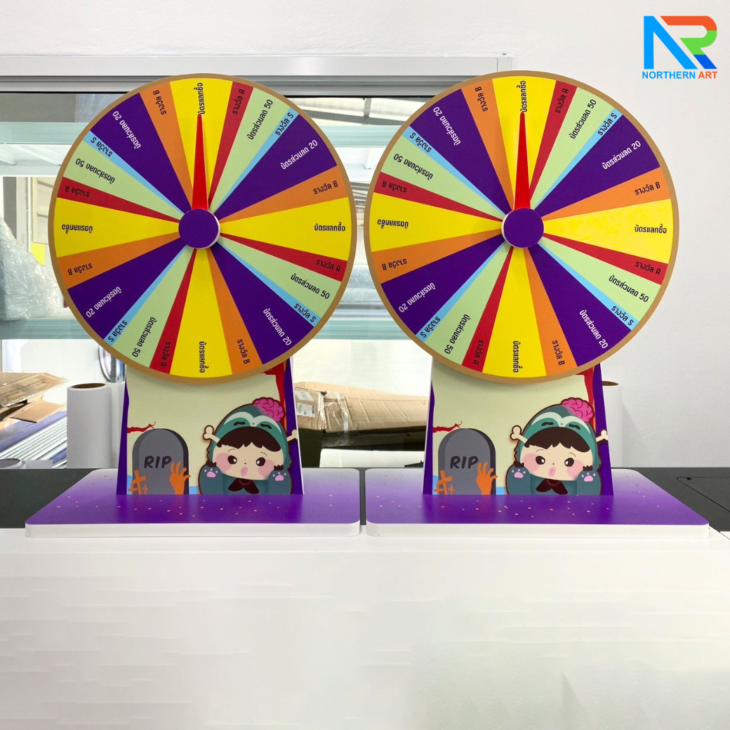 เกมส์วงล้อตั้งโต๊ะ ขนาดวงล้อ 40 ซม. สูง 56 ซม. วัสดุพลาสวูดสีขาว หนา 8-15 มม. ถอดประกอบได้