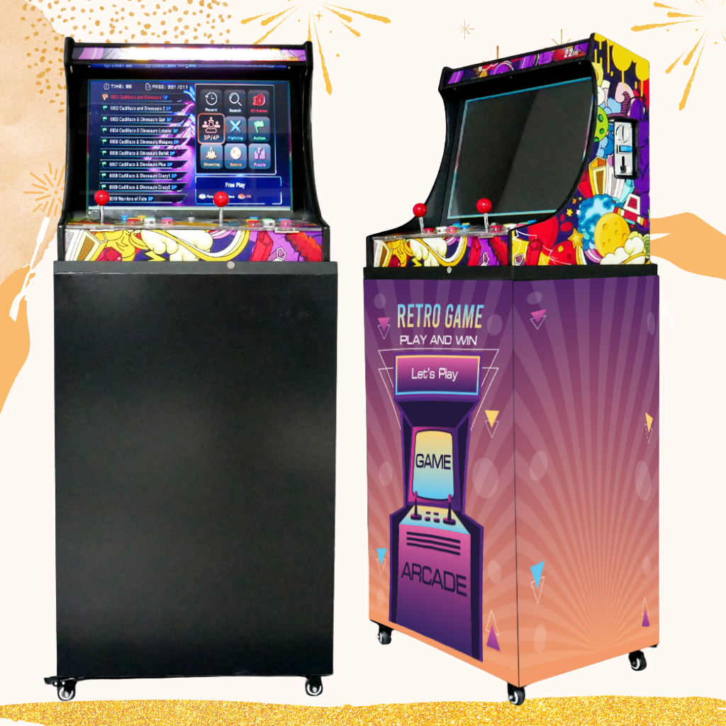 เช่าตู้เกมส์กดตั้งพื้น พร้อมเกมส์นับ 1,000+ มีลำโพงและเพลงในตัว เล่นพร้อมกันได้ 2 คน ขนาด (W)59 x (D)42 x (H)144cm