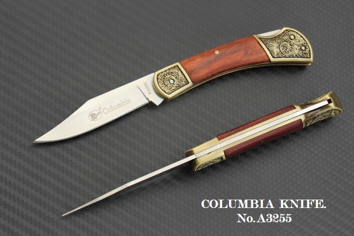 มีดพับทรงคลาสสิค COLUMBIA No.A3255 ด้ามไม้แท้ + ทองเหลืองแกะลายไม้เลื้อย