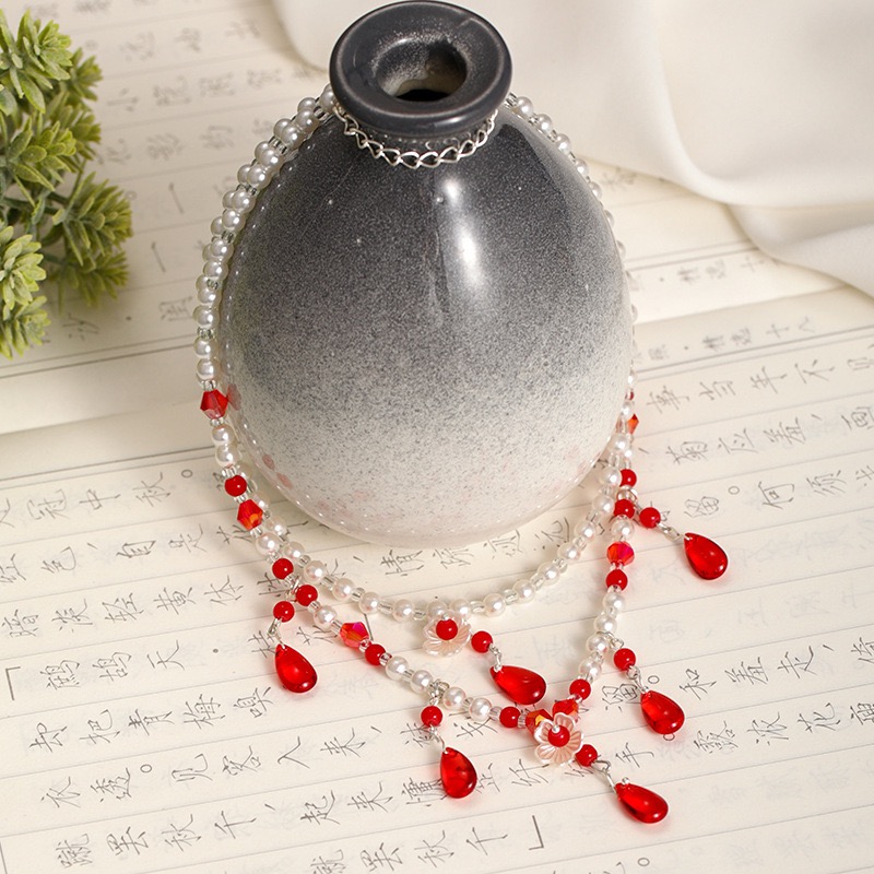 (No. 131) สร้อยคอไข่มุกแบบจีนโบราณ ห้อยอัญมณีสีแดงรูปหยดนำ้และดอกไม้