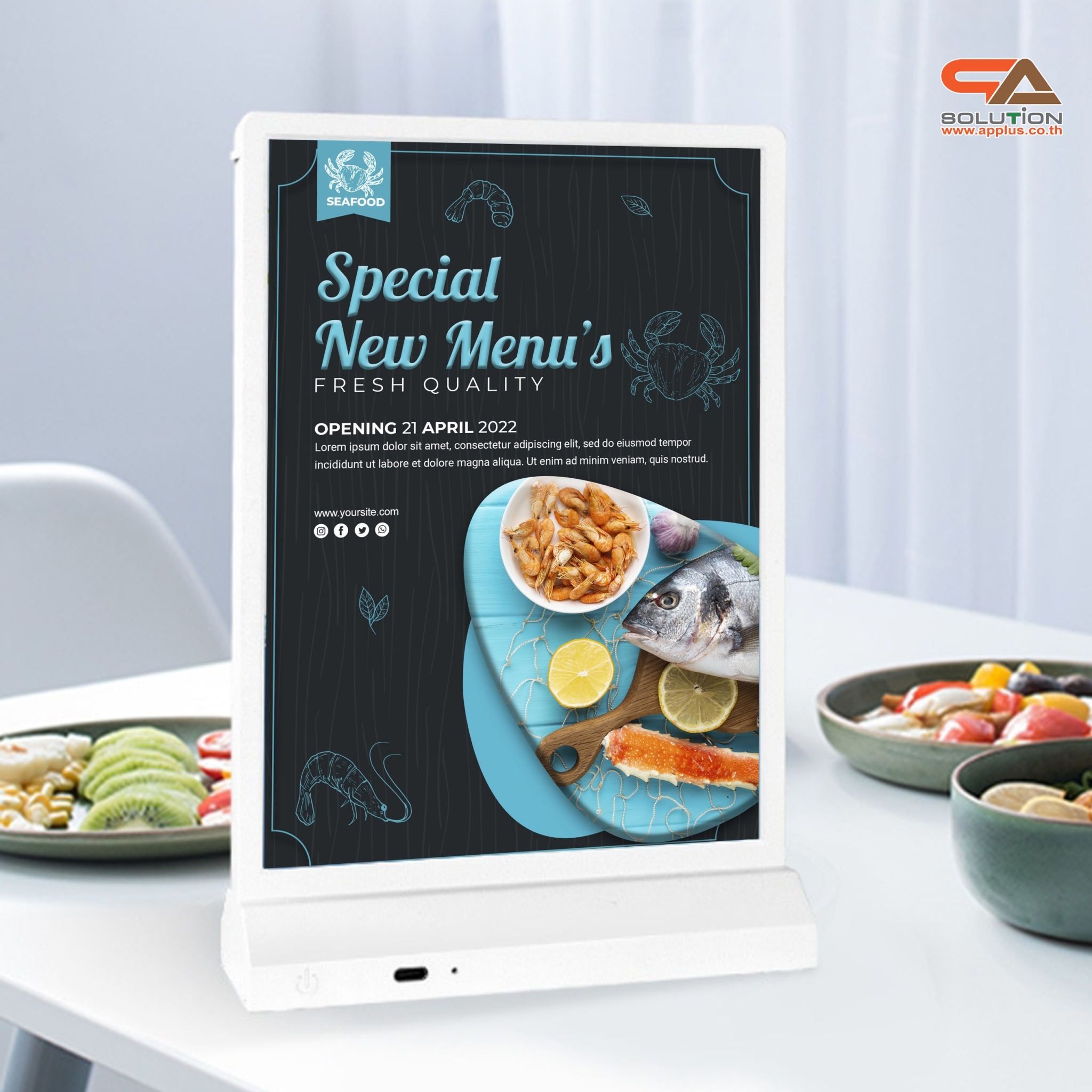 ป้ายตั้งโต๊ะ LED ขนาด A4 แนวตั้ง สีดำ และ สีขาว พร้อมสาย USB โชว์งานพิมพ์สองด้าน สอดงานพิมพ์ด้านบน