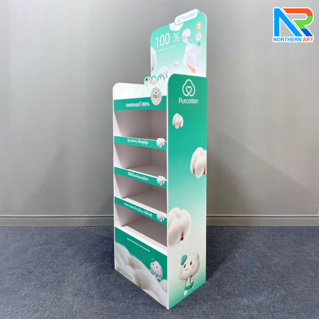 ชั้นวางสินค้าพลาสวูด 5 ชั้น ขนาด (W)46.6 x (D)30 x (H)152.5 cm. พร้อมงานพิมพ์ พลาสวูดหนา 8 มม. สั่งผลิตตามแบบ