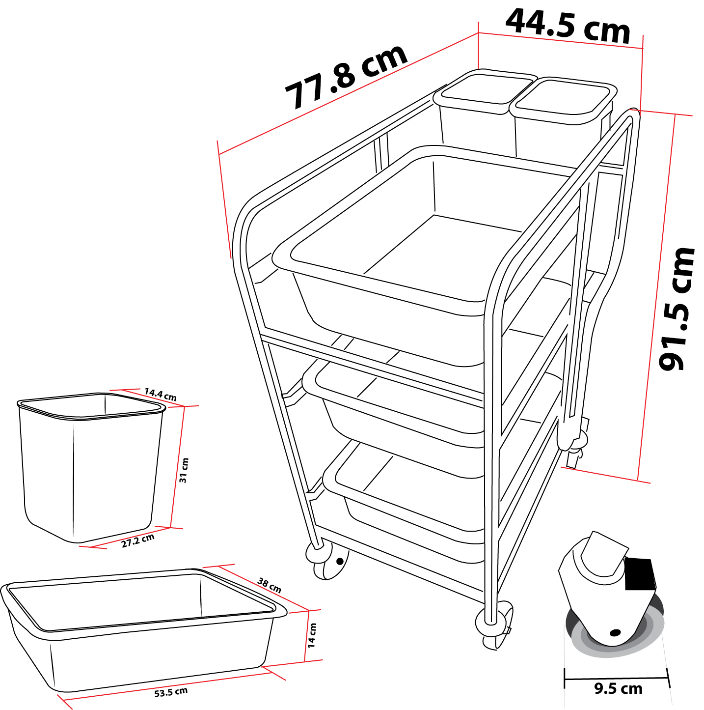 รถเข็นเก็บจาน 3 ชั้น โครงสแตนเลส พร้อมกระบะ ถังพลาสติก