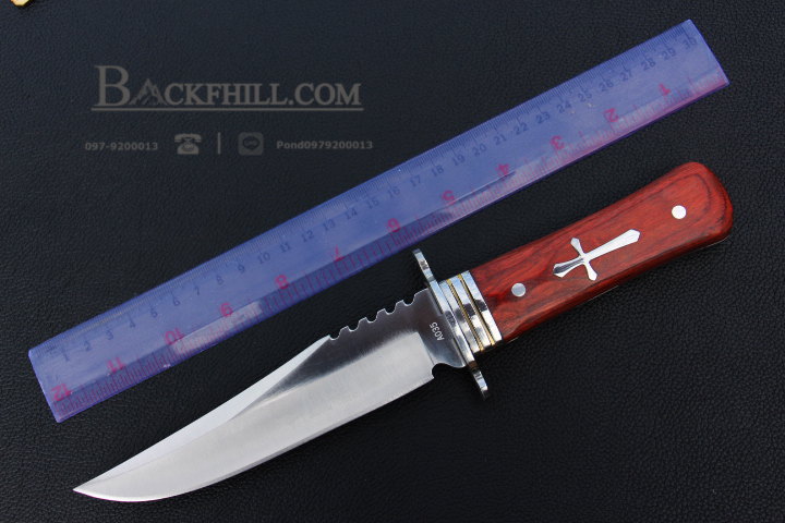 มีดใบตาย COLUMBIA รุ่นA035 ใบมีดทรงโบวี่ ด้ามจับ ลายกางเขนเงินคลาสสิค ไม้อย่างดี พร้อมซองไนลอน