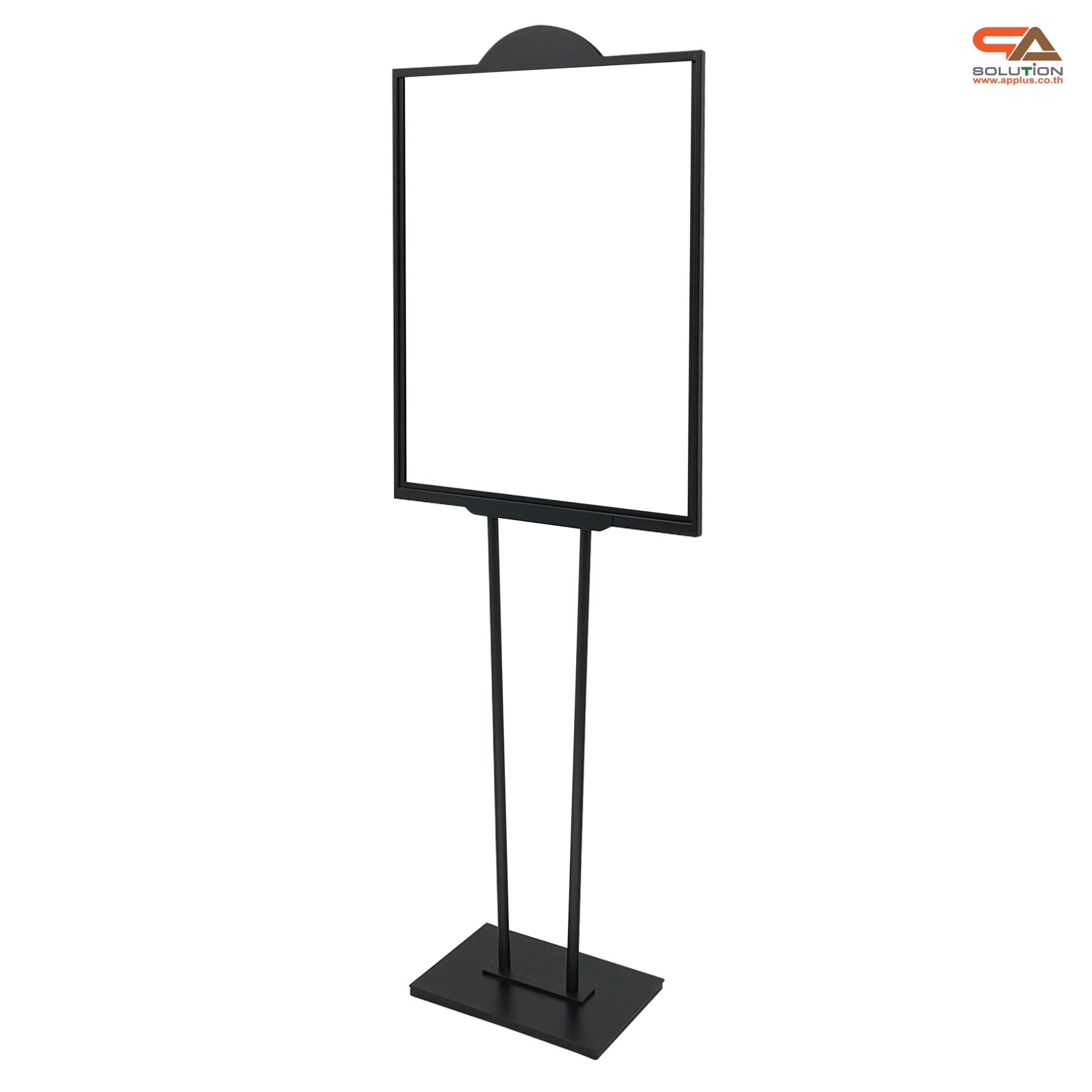 โปสเตอร์สแตนด์เหล็ก เสาคู่ สีดำ ขนาด (W)58 x (L)73 x H157 cm. ฐานเหลี่ยม โชว์งานพิมพ์2ด้าน ด้านบนครึ่งวงกลม สำหรับใส่โลโก้ ถอดประกอบได้