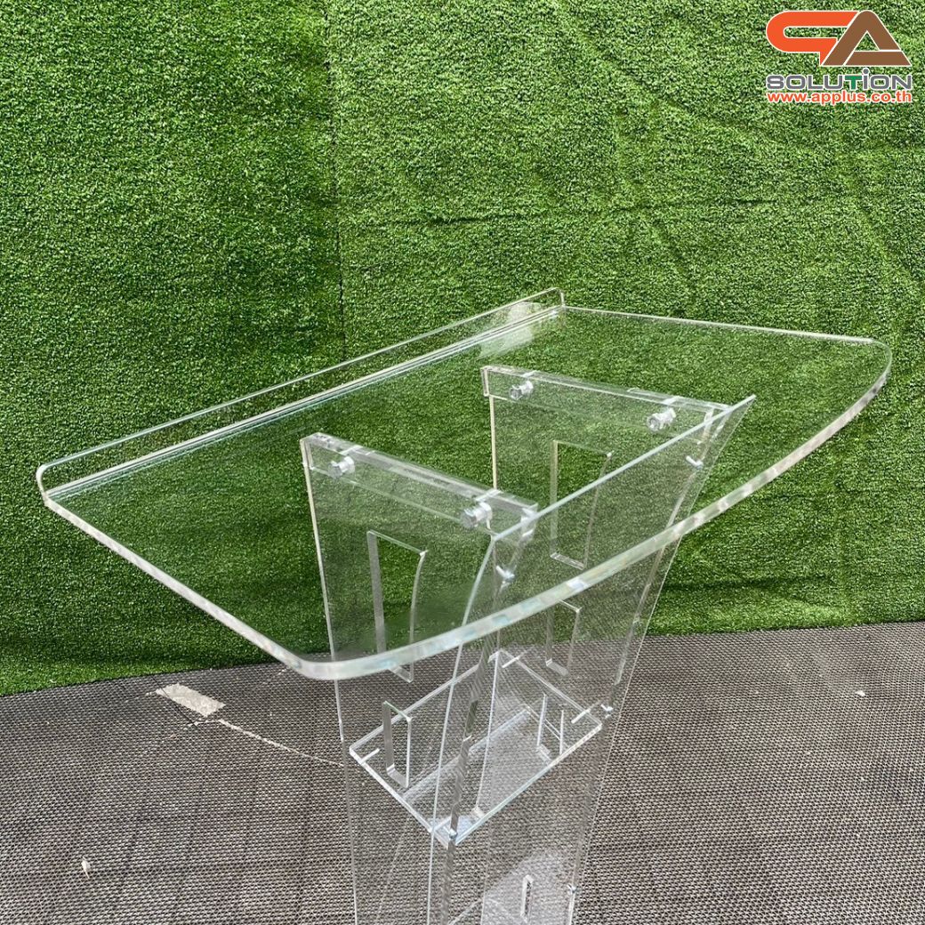 เช่าโพเดียมอะคริลิคใส TOPเอียง พร้อมกันตก ขนาด (W)60 x (L)45 x (H) 113 ซม. อะคริลิคใสหนา 10 มม.