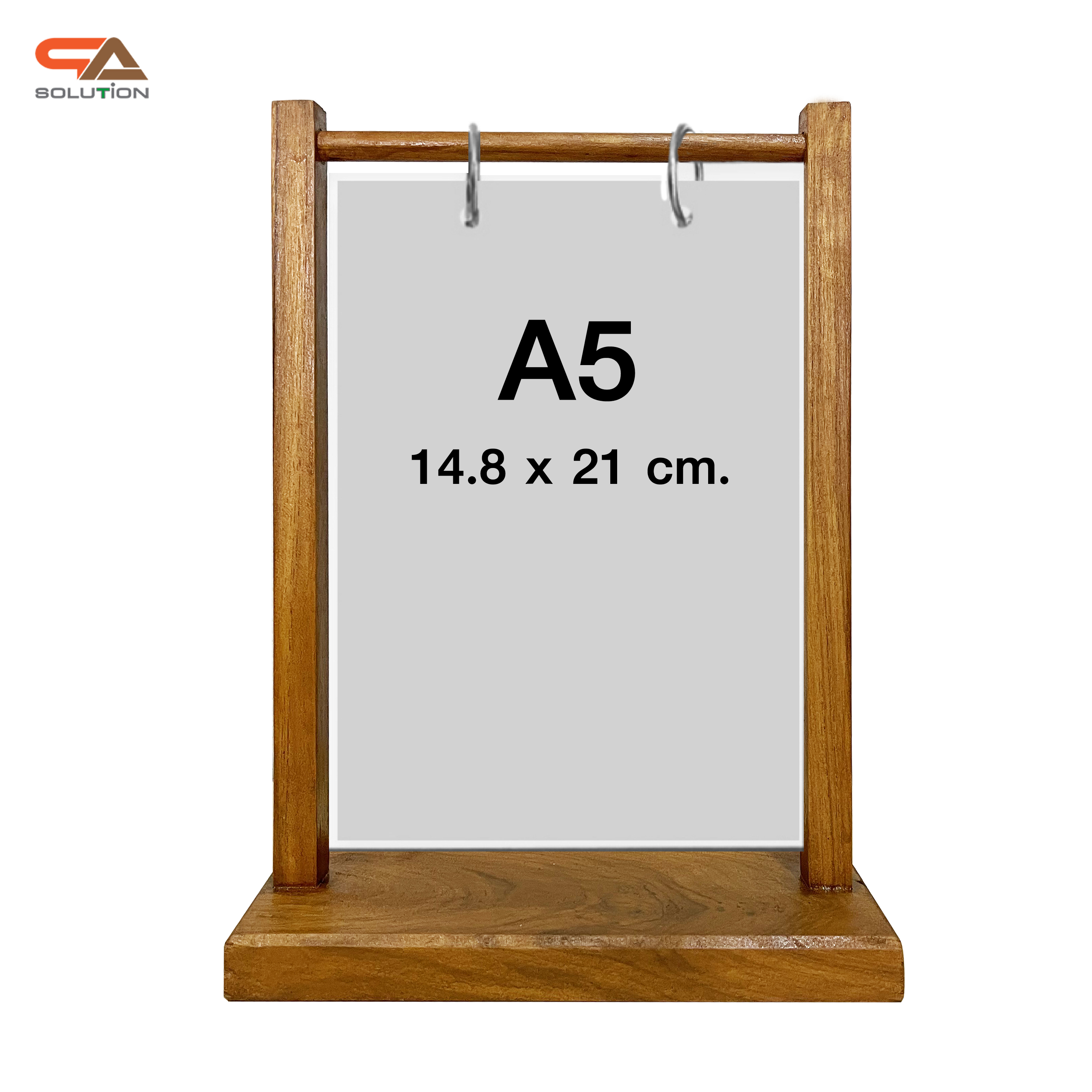 เมนูตั้งโต๊ะ ไม้จริง ทำสีสัก รุ่น D1 ขนาด A5 พร้อมห่วง 2 อัน ( ไม่รวมงานพิมพ์ )