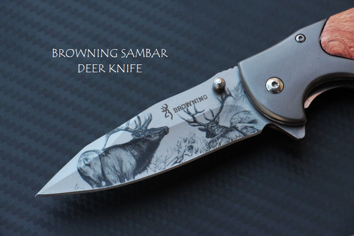 มีดพับด้ามไม้ลายเขากวาง BROWNING SAMBAR DEER KNIFE.