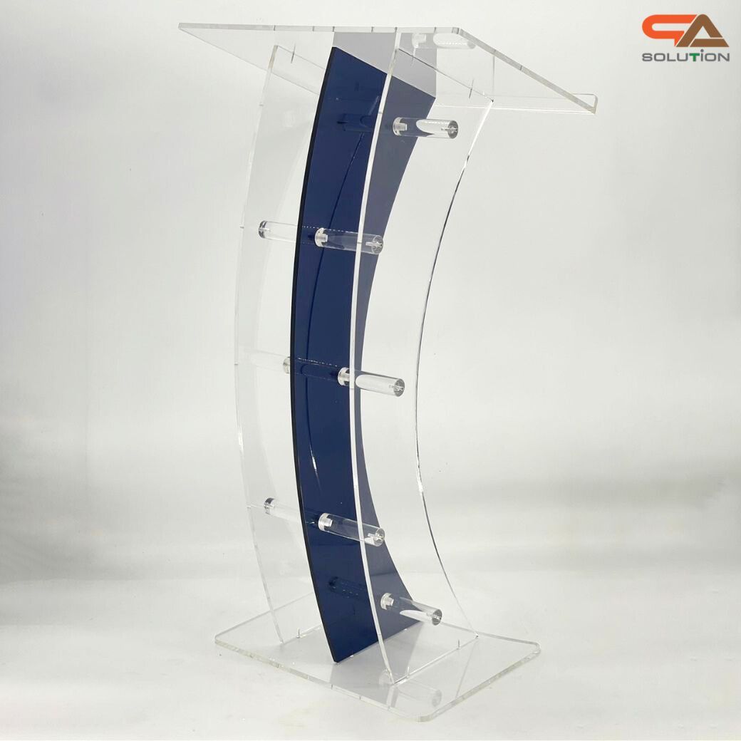 โพเดียมอะคริลิคใส และอะคริลิคสีน้ำเงิน ขนาด(W)60 x (L)42 x (H)113 cm. TOP เอียงพร้อมกันตก