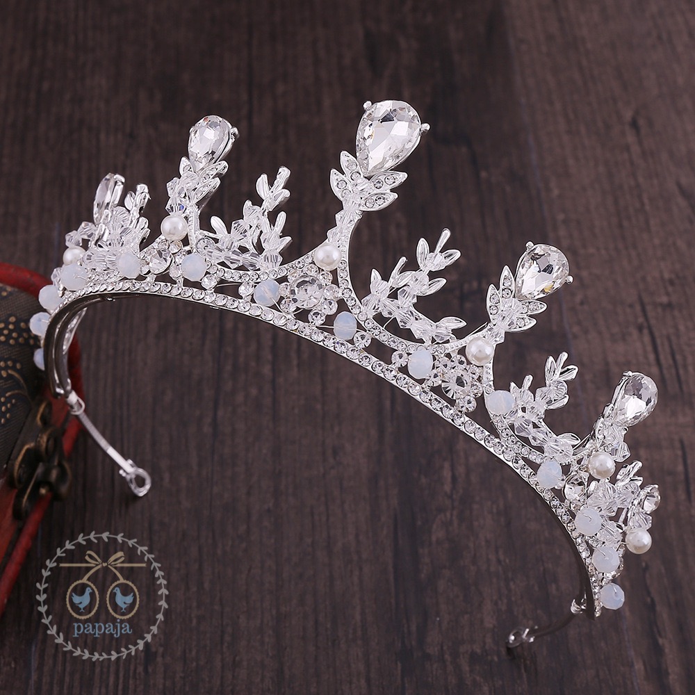 (No. 173) มงกุฏเทียร่าเพชรสีเงินประดับไข่มุก ลูกปัดและคริสตัล