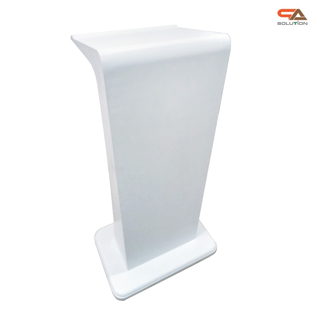 โพเดียมไม้ สีขาว รุ่น PD-11 ทรงโมเดิร์น ขนาด (W)55 x (L)40 x (H)115 cm. TOP เอียง พร้อมชั้นวางของ