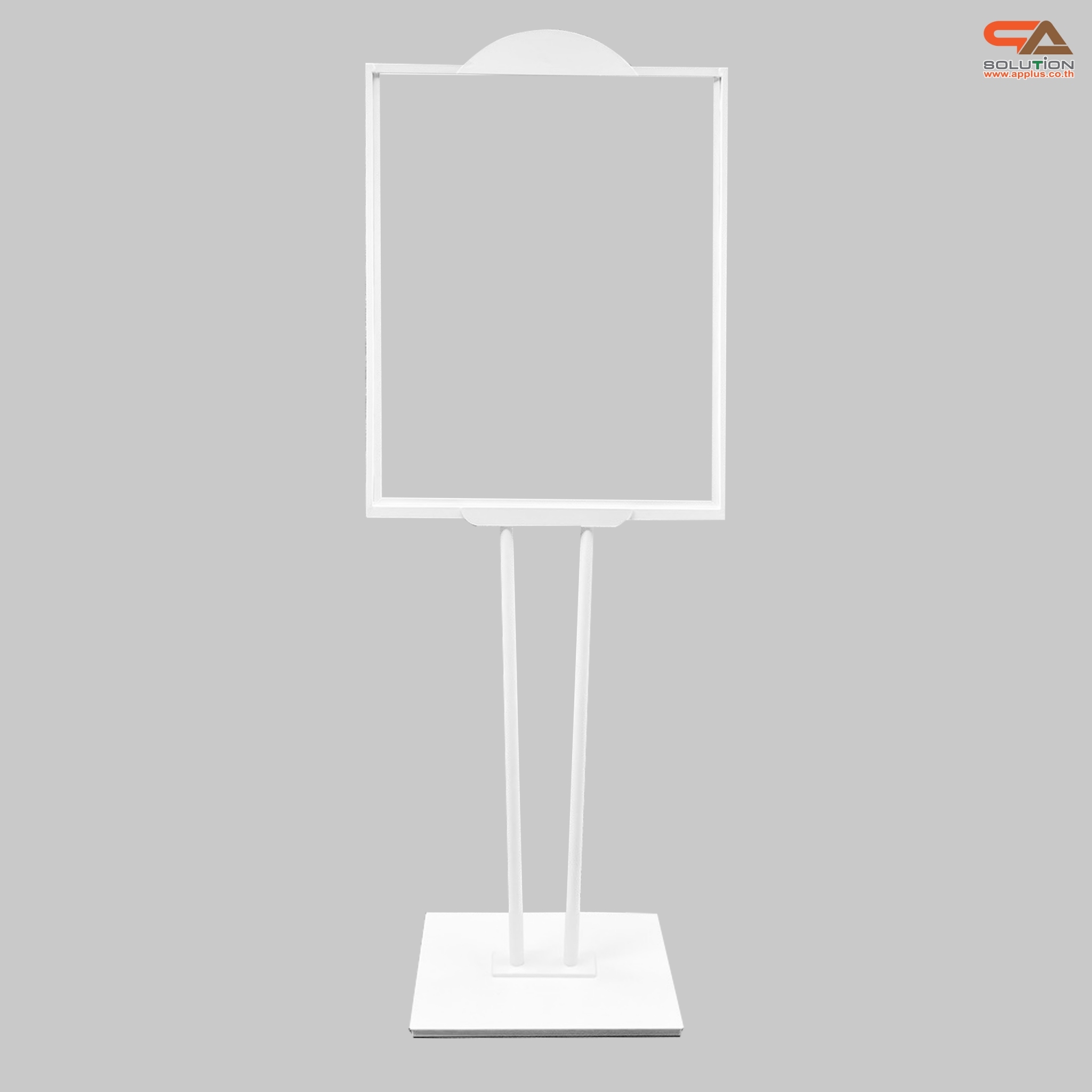 โปสเตอร์สแตนด์เหล็ก เสาคู่ สีขาว ขนาด (W)50 x (L)70 x H146 cm. ฐานเหลี่ยม โชว์งานพิมพ์2ด้าน ด้านบนครึ่งวงกลม สำหรับใส่โลโก้ ถอดประกอบได้
