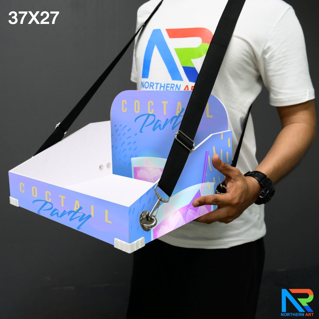 SAMPLING MOBILE TRAY ถาดแจกเคลื่อนที่ ขนาด (W)37 x (D)27 x (H)23 cm. วัสดุโครงพลาสวูดพร้อมสายคล้อง
