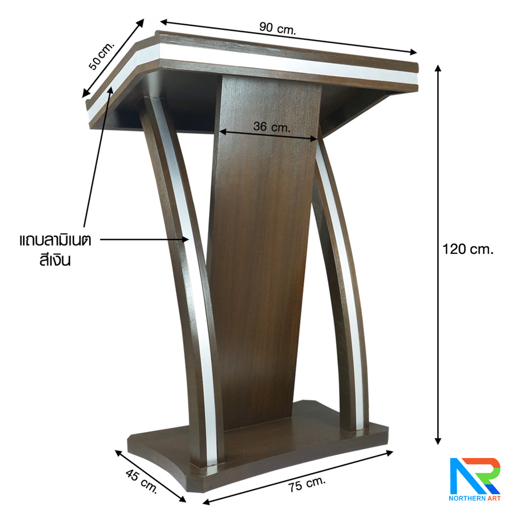 โพเดียมไม้ ยืนคู่ สีโอ๊คเข้ม ขนาด (W)90 x (L)50 x (H)120 cm. ตกแต่งแถบลามิเนตสีเงินเงาTOPและเสาข้าง