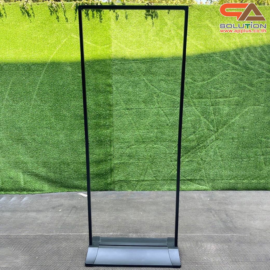 ป้ายตั้งพื้น รุ่นแขวน ฐานพลาสติกขึ้นรูป ขนาด 60x160 ซม. โครงเหล็กสีดำพร้อมขอแขวน 4 มุม ถอดประกอบได้ เคลื่อนย้ายสะดวก