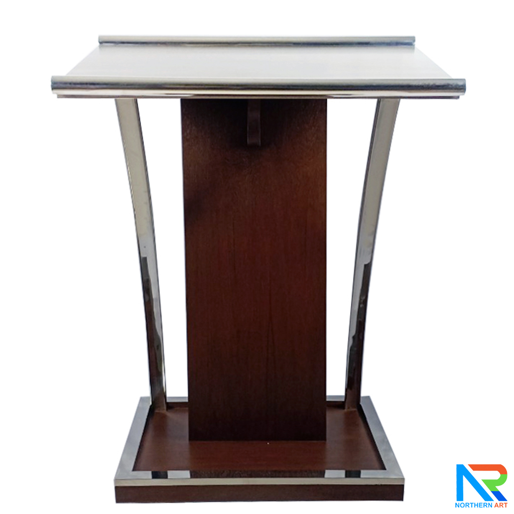 โพเดียมไม้ยืนคู่ Top หุ้มสแตนเลส สีโอ๊คน้ำตาล ขนาด (W) 90x (L) 59 x (H) 120 cm. พร้อมตกแต่งเสาโค้งสแตนเลสเกรด304