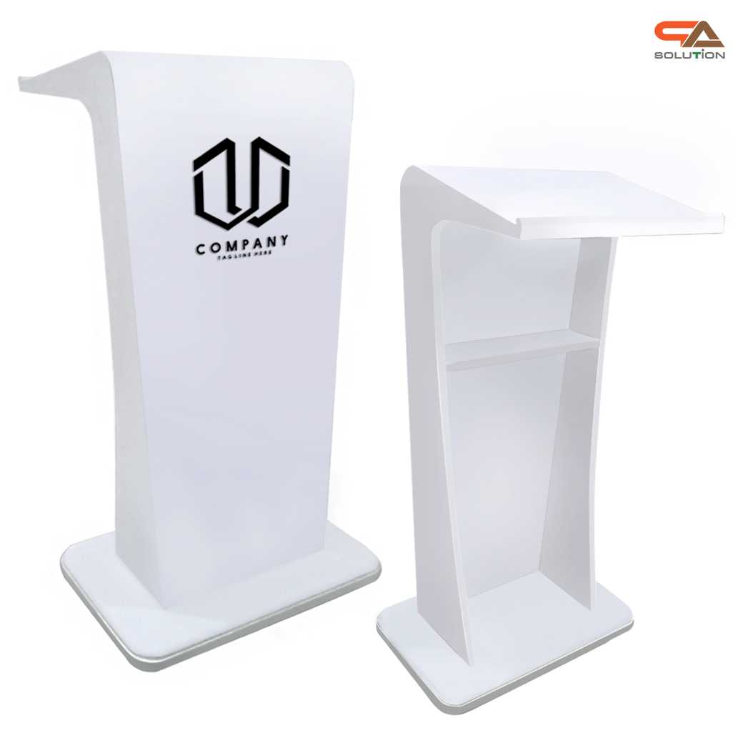โพเดียมไม้ สีขาว รุ่น PD-11 ทรงโมเดิร์น ขนาด (W)55 x (L)40 x (H)115 cm. TOP เอียง พร้อมชั้นวางของ