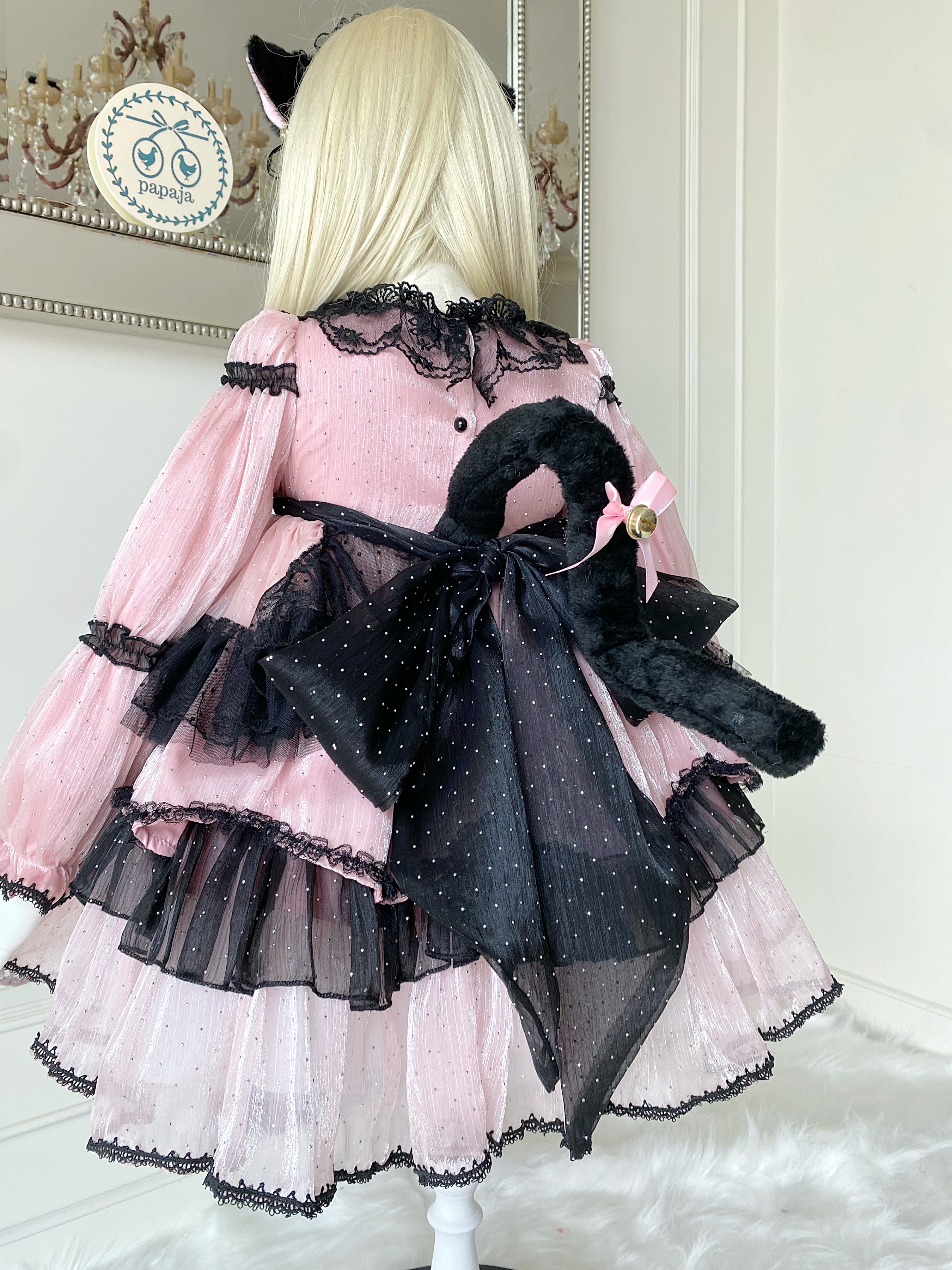 (เซต 5 ชิ้น) ชุดคอสเพลย์งานไฮพรีเมี่ยม แมว Black Pink โทนชมพูดำ ครบเซต (ชุด+ที่คาดผม+ถุงมือ+ถุงเท้า+หางแมว)